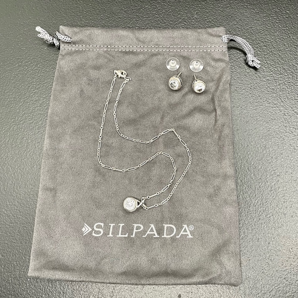 Vintage Silpada Rare HTF Scroll Bezel CZ Necklace & Earrings Set Sterling Silver